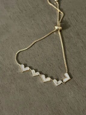Gold silver Heart Link Adjustable Bracelet with White Enamel and Crystal Accents